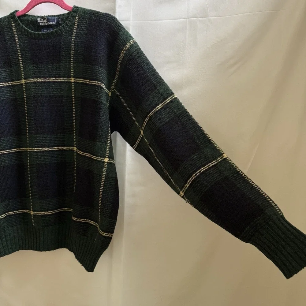Vintage Polo Ralph Lauren Men's XL Wool Sweater Plaid Crew Neck Blue Green Knit